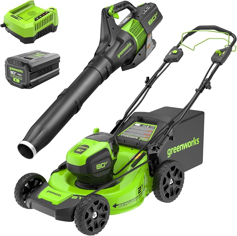 Greenworks cortadora de césped eléctrico inalámbrico (autopropulsado) de 80 V, 21 pulgadas, soplador de hojas axial (580 CFM) (más de 75 herramientas compatibles), batería de 4 Ah y cargador rápido de 60 minutos, verde y negro
