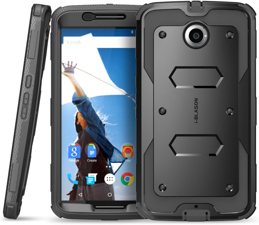 Nexus 6 Case, Heave Duty Slim Protection i-Blason Google Nexus Armorbox Dual Layer Hybrid Full-body Protective Case with Front Cover and Built-in Screen Protector for Motorola Nexus 6 Phone Black