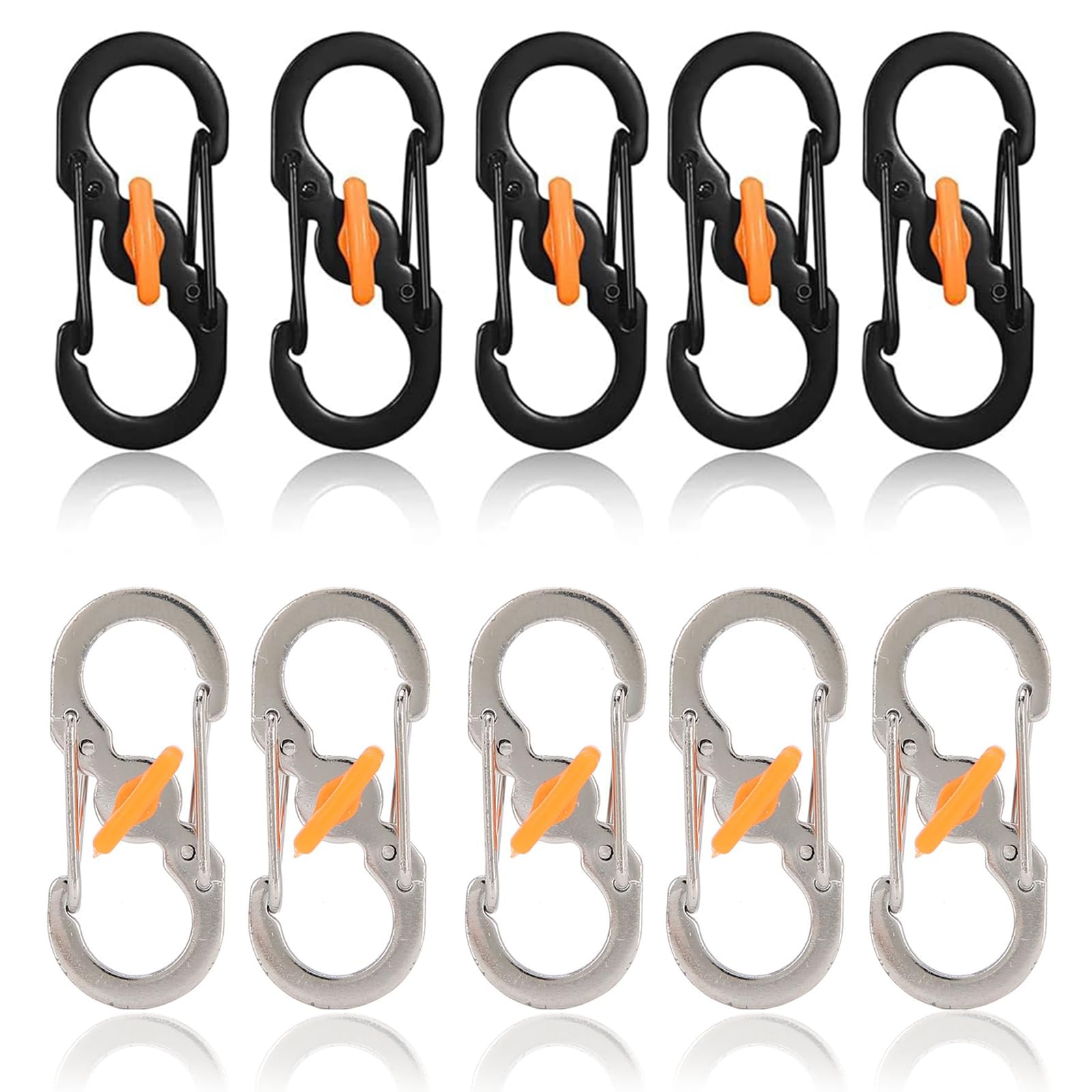 10 Pcs Mini S Carabiner Clips,Stainless Steel Locking Carabiner Hooks,S Clips,S Biners,S Shape Keychain Clips for Keys, Bags, DIY, Travel, Hiking & Camping(5 Black + 5 Silver)