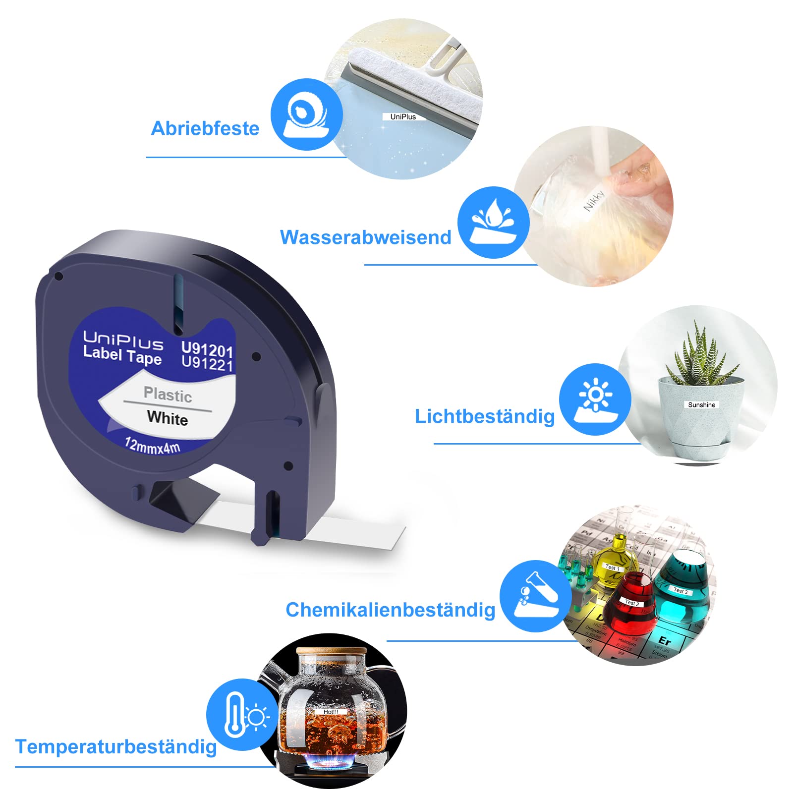 UniPlus 20 Pack Kompatible für Dynmo 91221 Etikettenband 91221 91201 S0721660 Kunststoff 12mm x 4m Schriftband xr Bänder für LT-100H LT-110T LT-100T XR QX50 200B Schwarz auf Weiß