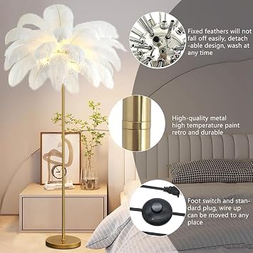 Modern Tall Lamp Standing Light for Bedroom Living Room Fluffy Ostrich Feathers Lamp Feather Floor Lamp, 3 Color Temperatures, Golden Lamp Body,White,L