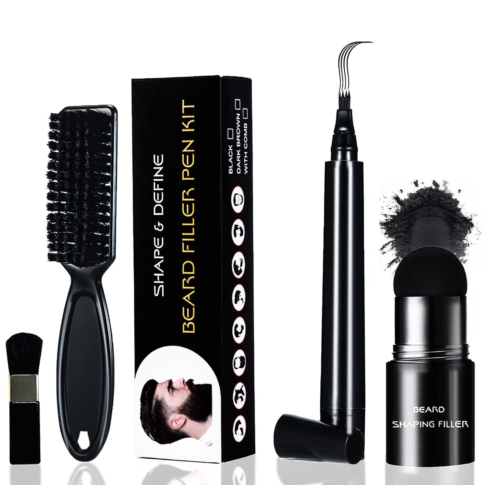 Beard Pencil Filler for Men Black,4-Tip Beard Filler Pen Waterproof & Long Lasting Natural Makeup Beard Pen with Beard Brush Detailing Filler Moustache & Eyebrows (black)