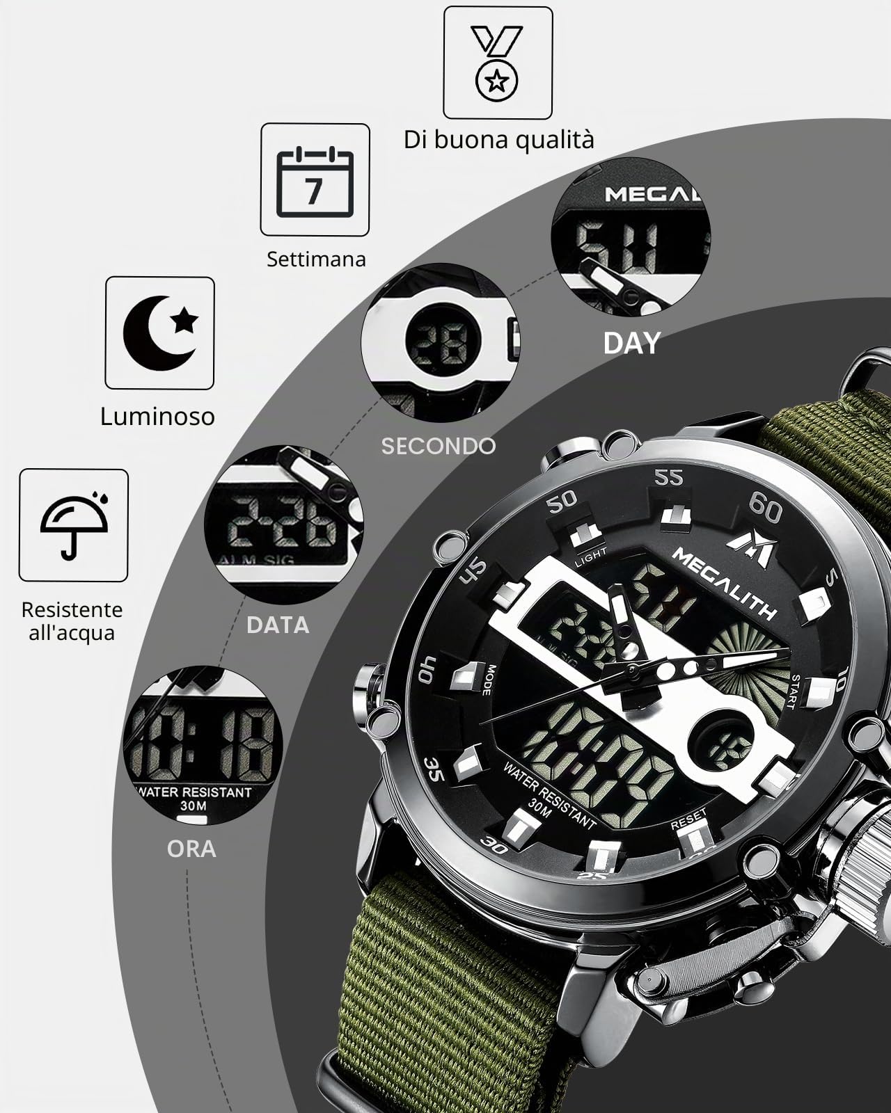 MEGALITH Orologio Uomo Digitale Militare: Sportivo Orologi da Polso con Quadrante Grande - Cronometro Led Sveglia Impermeabile per Outdoor Running Avventura