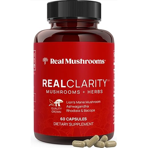 Real Mushrooms RealClarity Capsules – Lion’s Mane, KSM-66 Ashwagandha, Cordyceps & Reishi – Mental Sharpness, Alertness. & Adaptogenic Support – Vegan, Non-GMO – 60 Count Mushroom Supplement