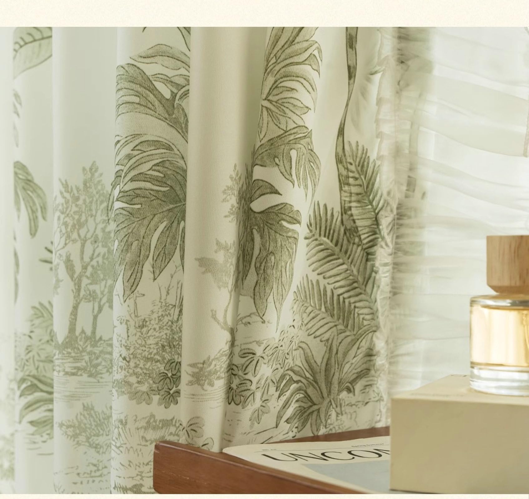 Rideau Transparent Fenetre, 200x270cm Imprimé Cocotier Voilure de fenêtre pour Chambre, Salon en Polyester, Vert