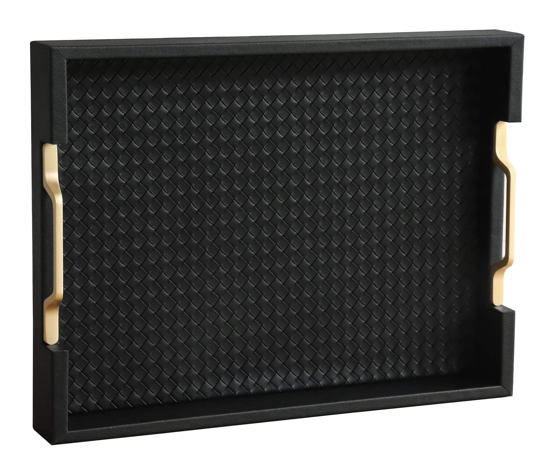 HofferRuffer Bandeja rectangular de piel sintética para servir con asas de metal dorado para mesa de café, desayuno, té, alimentos, encimera, cocina, bandeja de mayordomo, 16.2 x 12.2 x 2 pulgadas