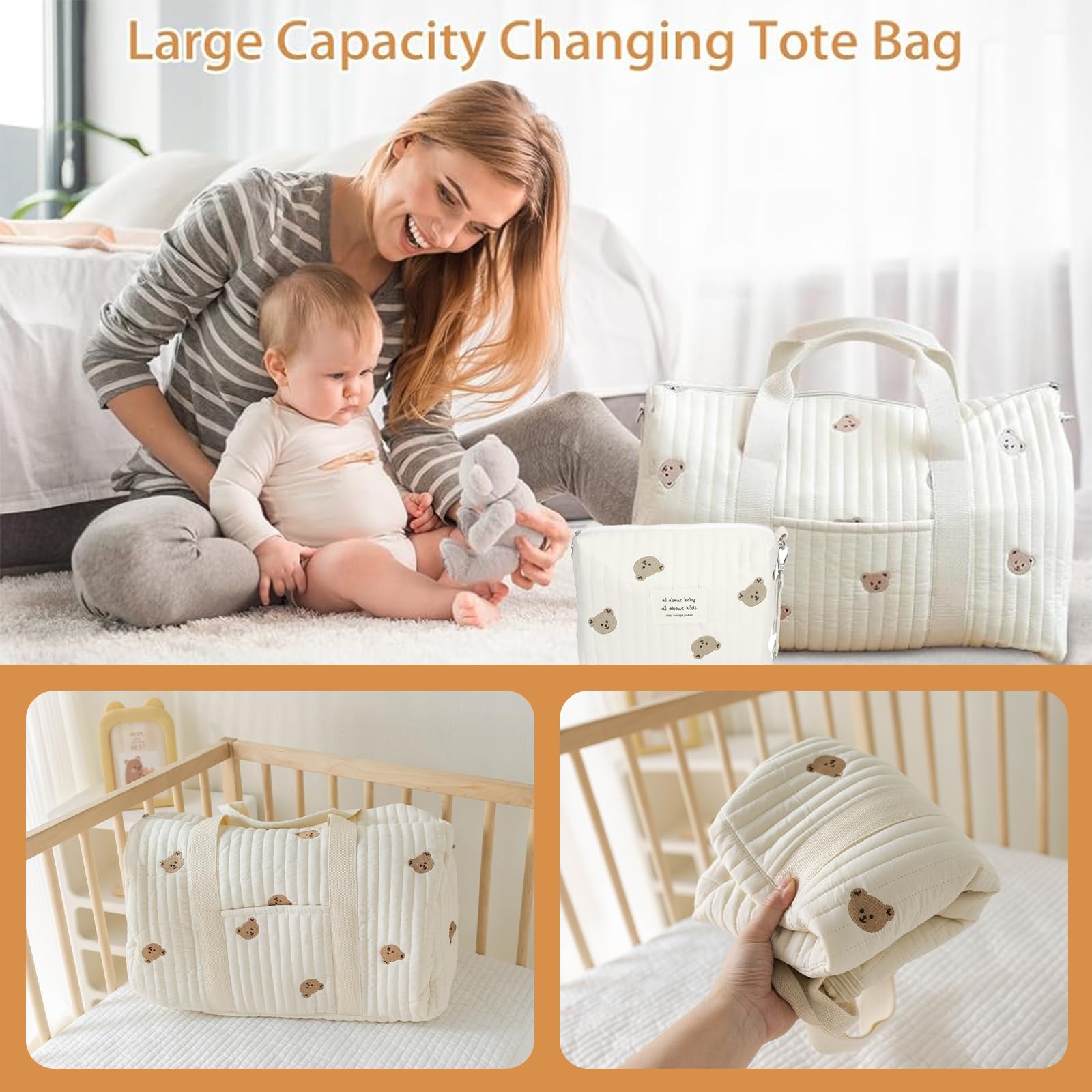 Wickeltasche Kinderwagen Baby Bag Babytasche 2er Set, Mama Tasche mit Bären-Stickerei für Geburt Kliniktasche Reisen, Groß Wickeltasche Tote für Mama und Baby