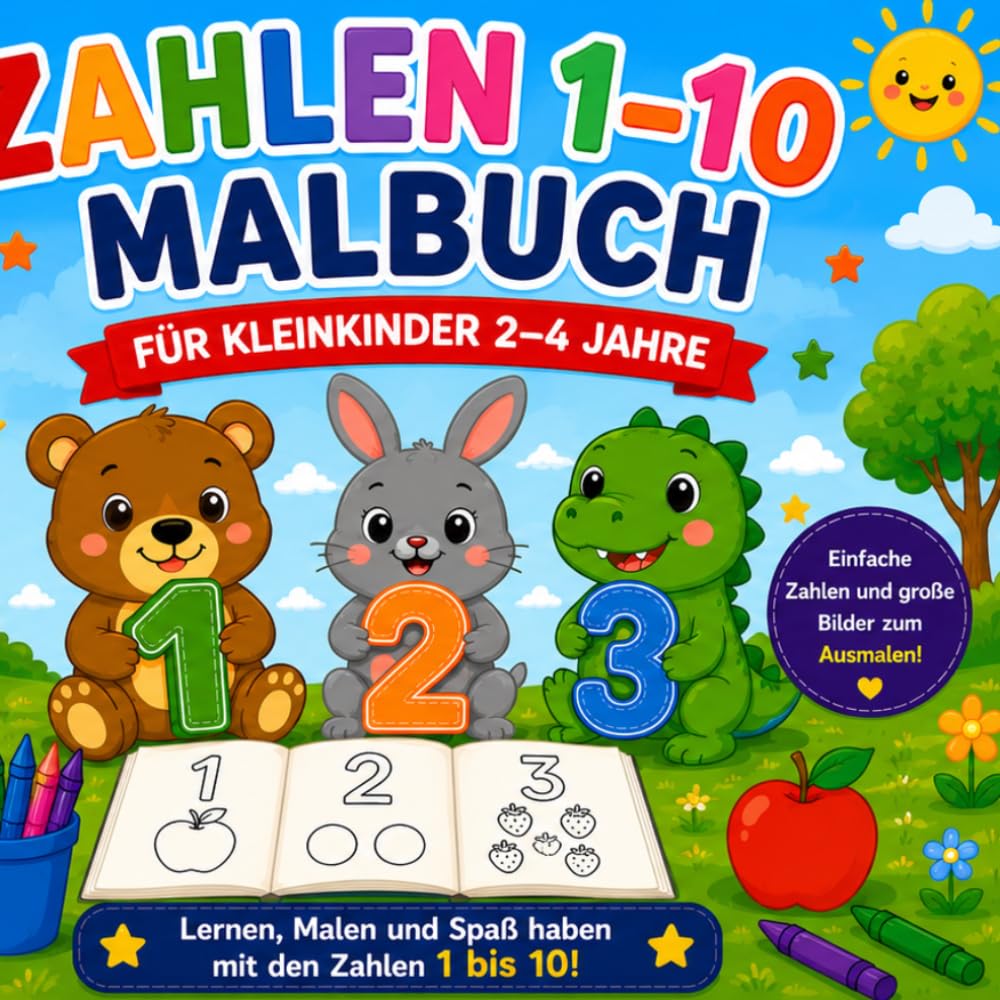 Zahlen 1–10 Malbuch für Kleinkinder 2–4 Jahre: Einfache Zahlen und fröhliche Bilder zum Ausmalen