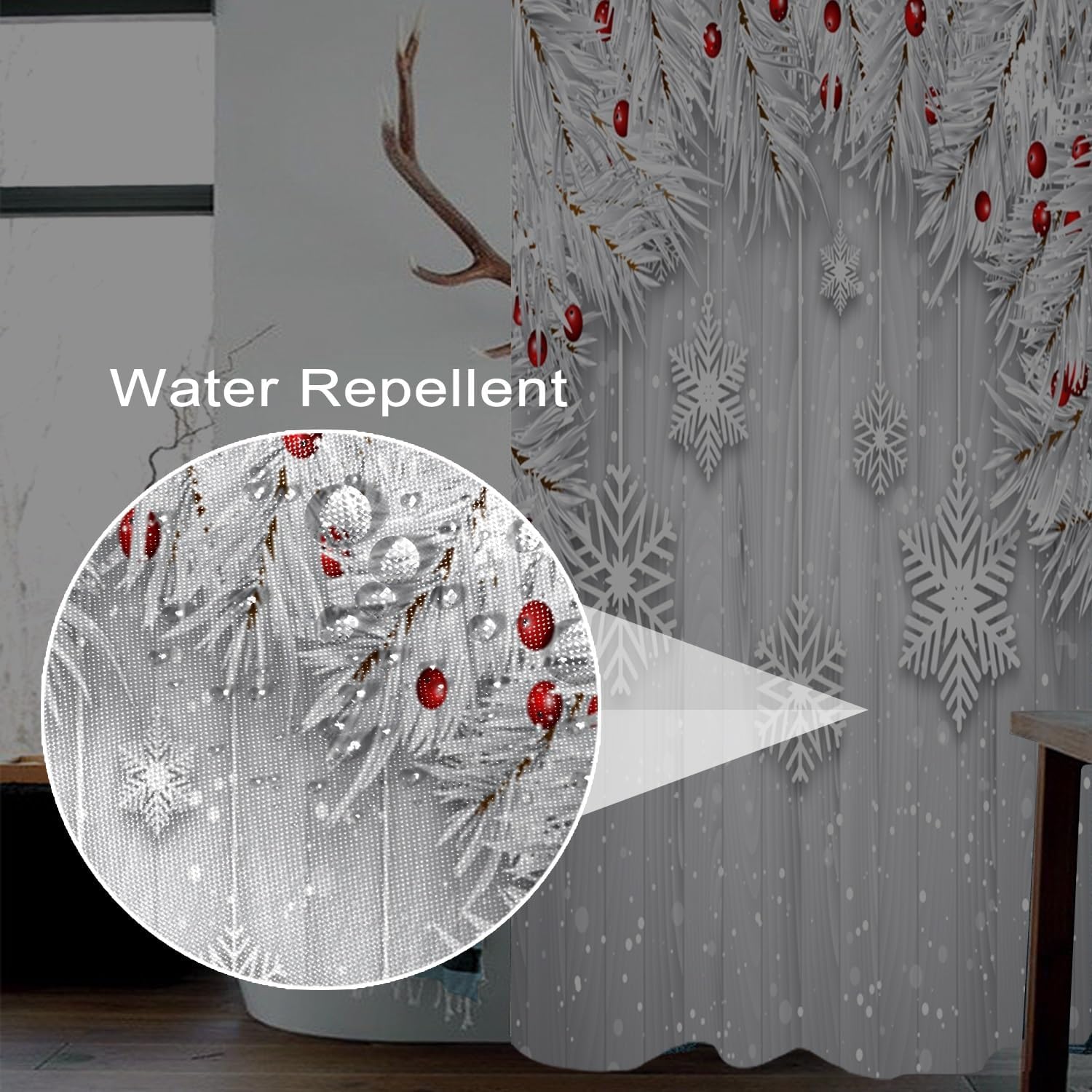Christmas Shower Curtain Set with Hooks Sliver Grey X-mas Trees Shower Curtain for Bathroom 72x72inches Snowflakes Wood Stripe Waterproof Fabric Shower Curtains
