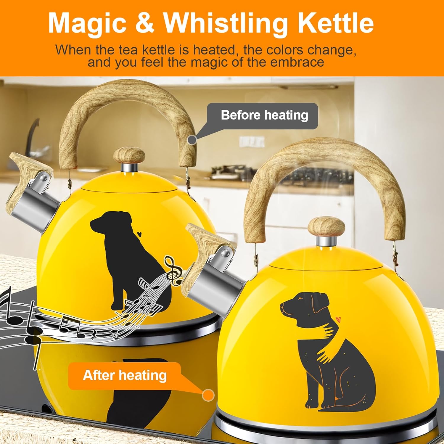 ARC Stainless Steel 2-Quart Whistling Yellow Tea Kettle with Magic Color Changing Design, Stovetop Teapot With Folding Cup & Trivet Mat