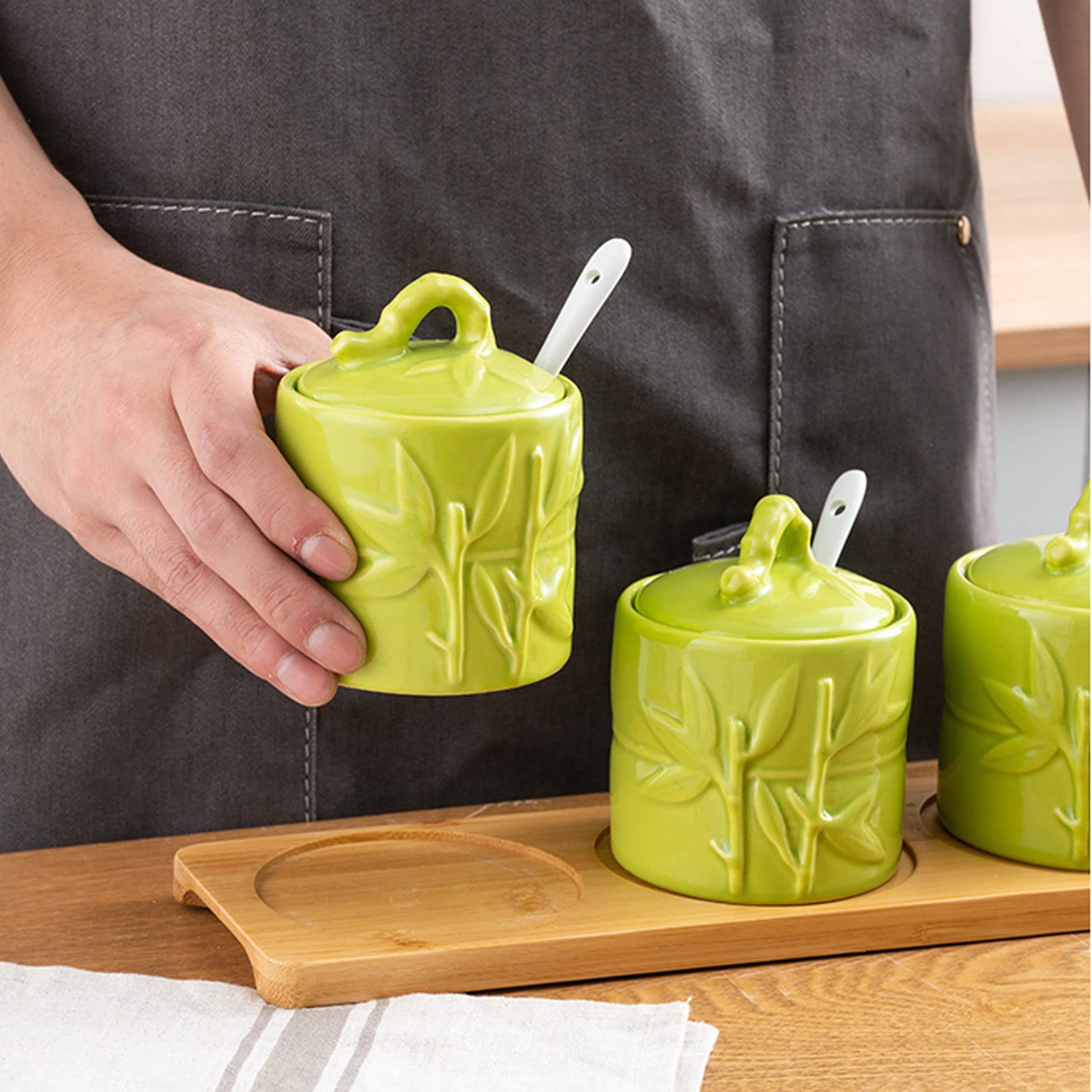 Sucrier, Boîte À Assaisonnement, Sucrier Chinois avec Couvercle, Pot De Rangement en Feuilles De Bambou en Relief, Pot À Sel en Porcelaine Verte 200 ML/7 Oz, pour C,Green-1