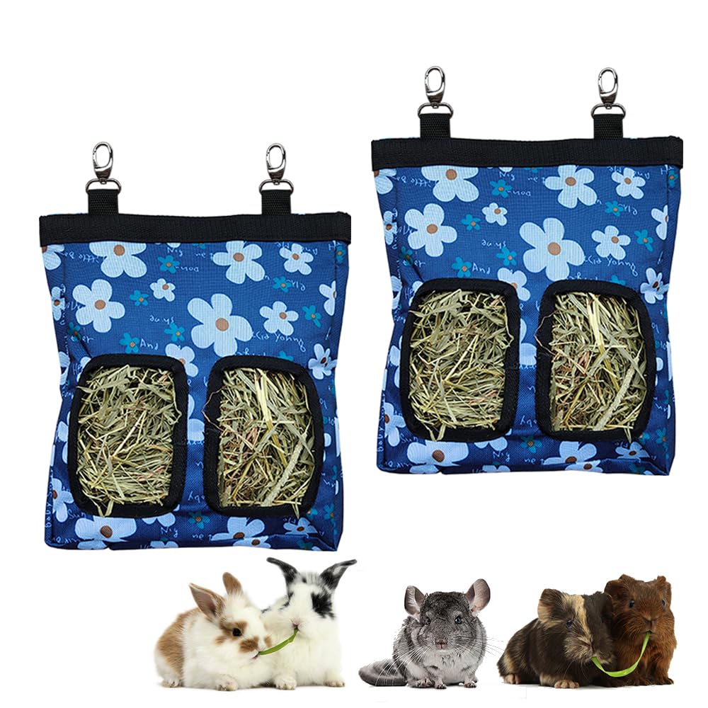 Guinea Pig Hay Feeder, Hanging Rabbit Hay Feeder Bag for Guinea Pigs Bunnies Chinchillas. Blueflower, 2 Count — image 1