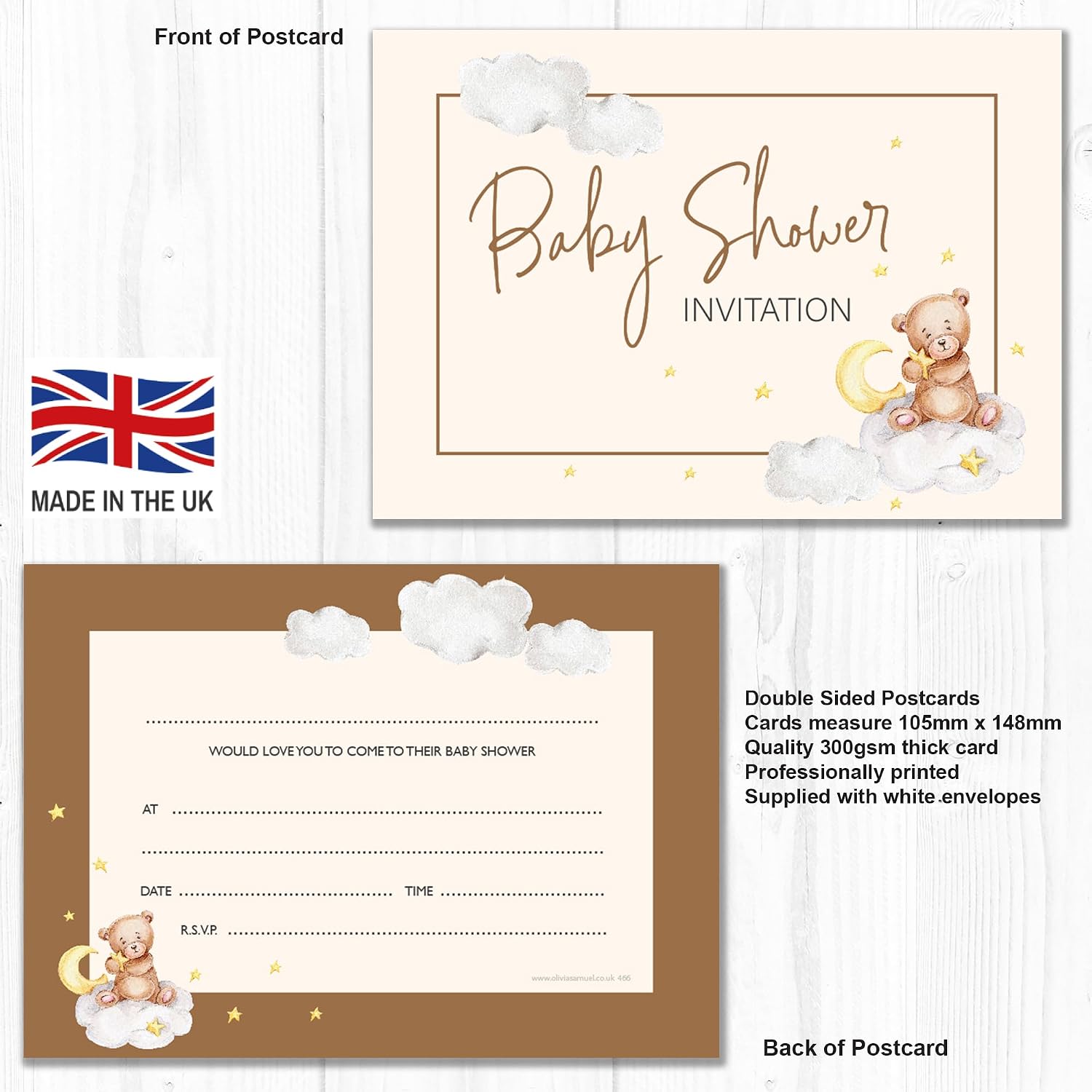 Olivia Samuel 20 x Baby Shower Party Invites - Teddy Bear Design - Ready to Write with Envelopes. Designed and Printed in the UK - Image 3