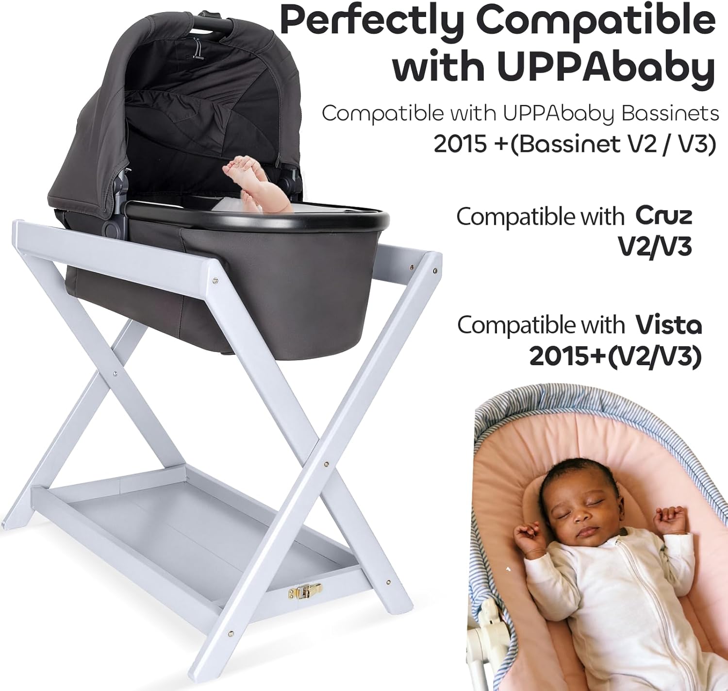 Bassinet Stand,Compatible with UPPAbaby Bassinets Since 2015,Bonus Storage Bag Included,One-Touch Open and Close,Secured with reinforced clamps,comfortable sleeping space for your little one