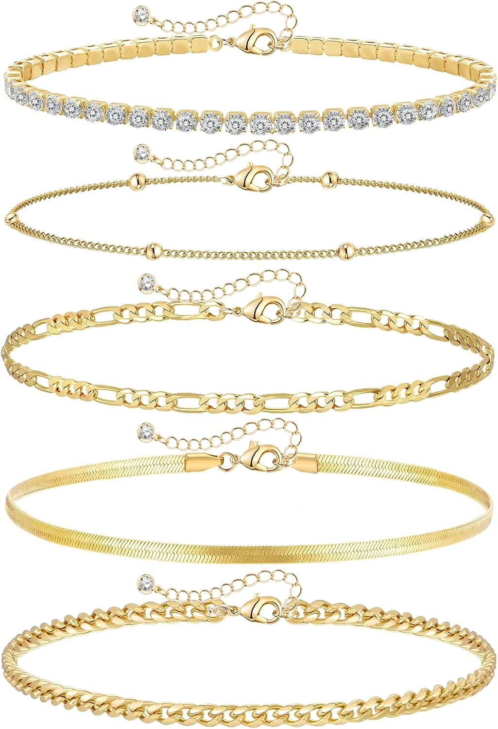 Gold Ankle Bracelets for Women,14k Gold Plated Anklets Waterproof Cuban Link Tennis Herringbone Beaded Chain Anklets Set Layered Anklet Bracelets for Women Adjustable Summer Beach Jewelry 5pcs