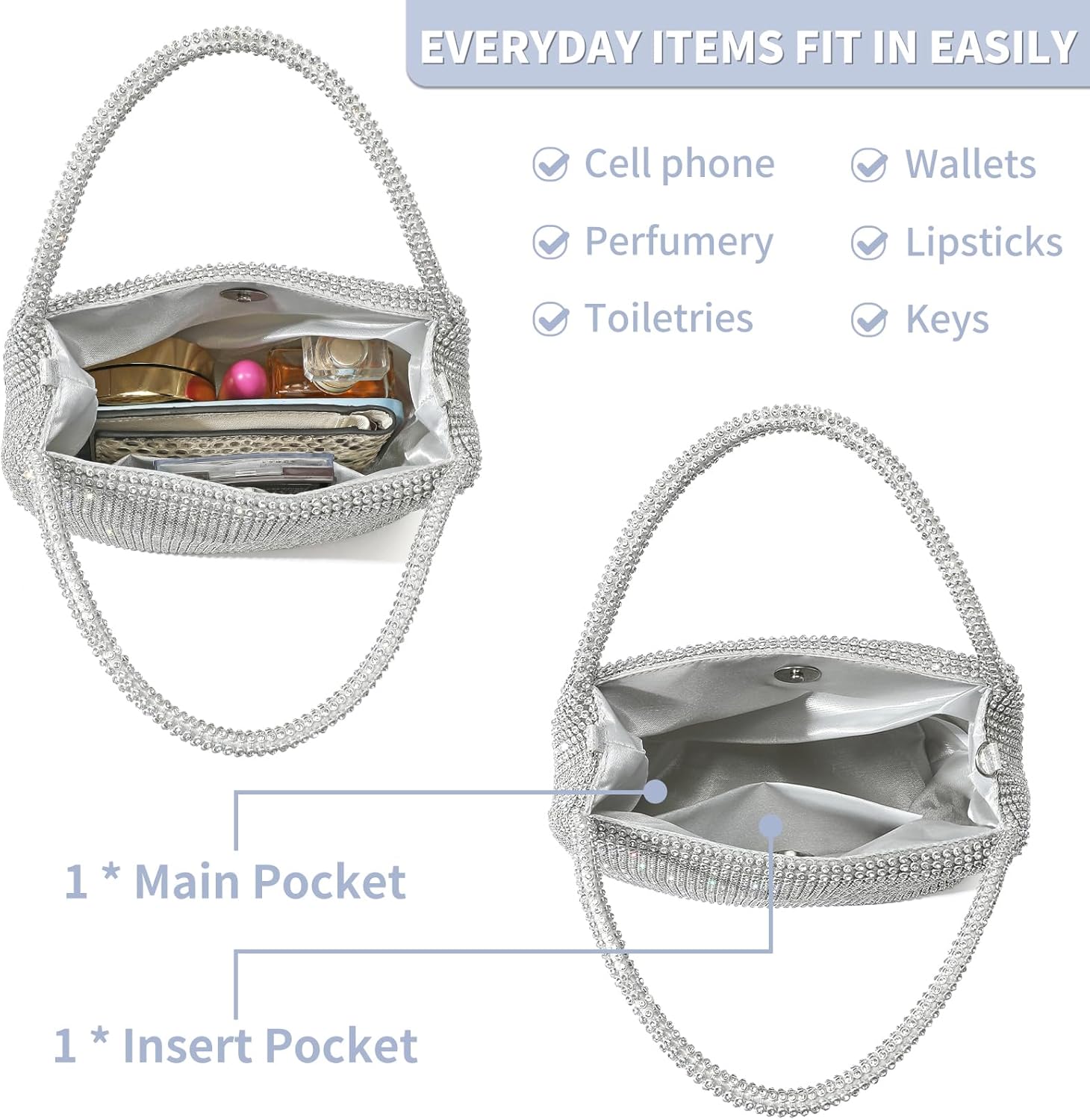 Crystals Sparkly Rhinestone Clutch Crossbody Purse - Evening Bags For Women for Weddings, Proms, and Parties