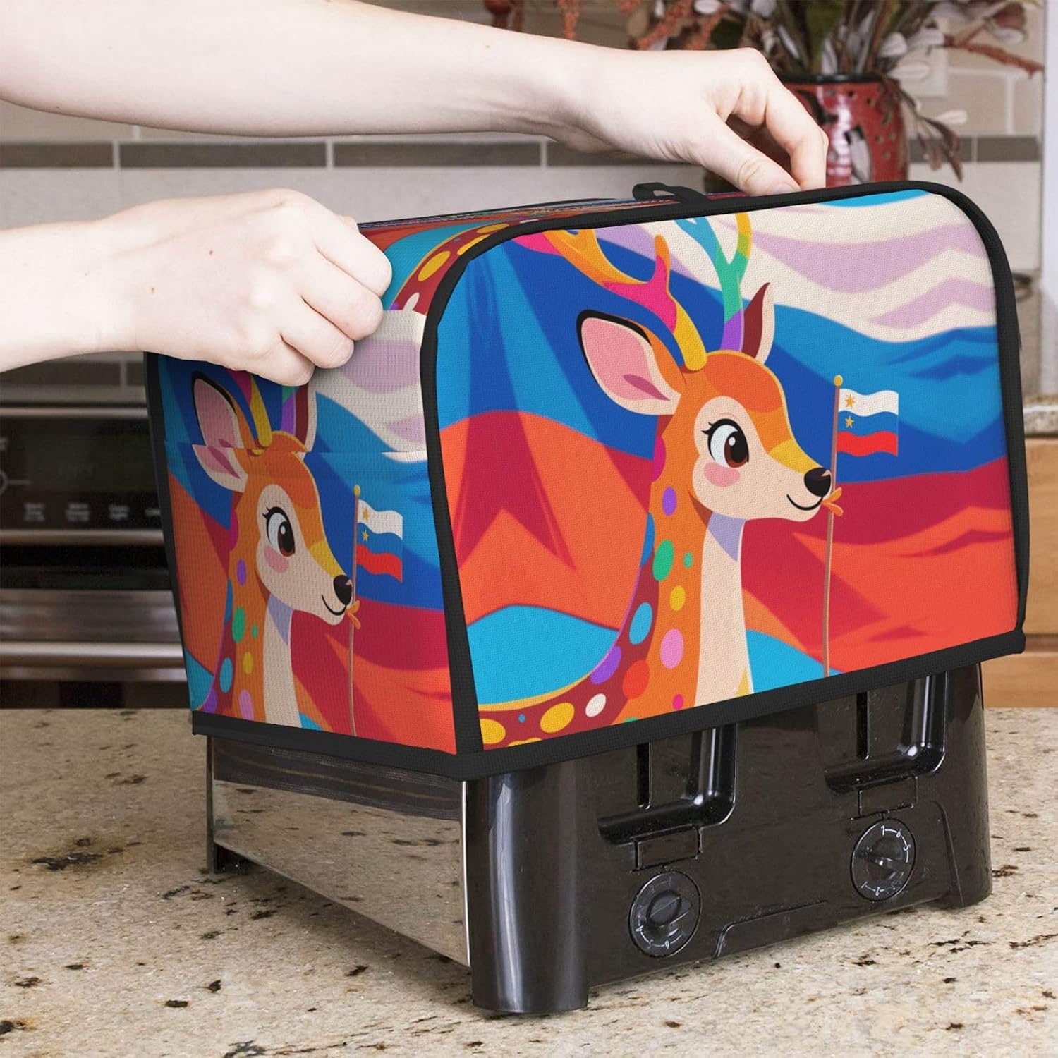 Colorful Deer And National Flag Toaster Cover 2 Slice, Waterproof Bread Machine Covers with Pockets Universal Size Kitchen Small Appliance Cover with Handle, Dust and Fingerprint Protection