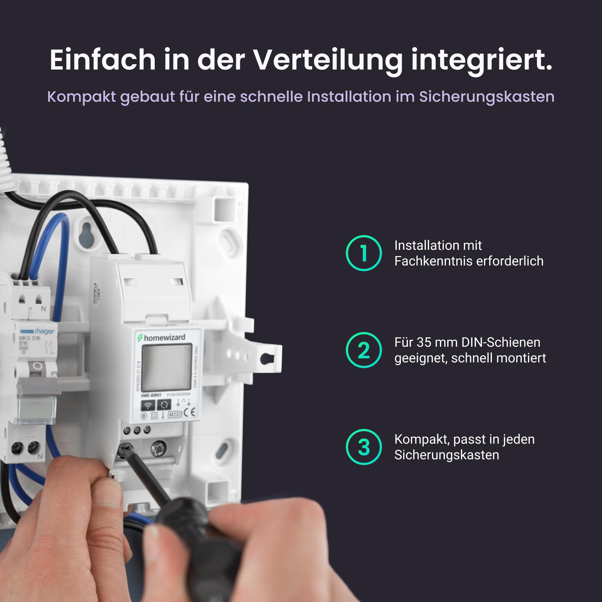 HomeWizard kWh Meter WLAN 3 Phasen, MID zertifizierter Stromzähler | 35 mm DIN Schiene, 100A 230V, für Solar, Wärmepumpe, Elektroauto und Balkonkraftwerk