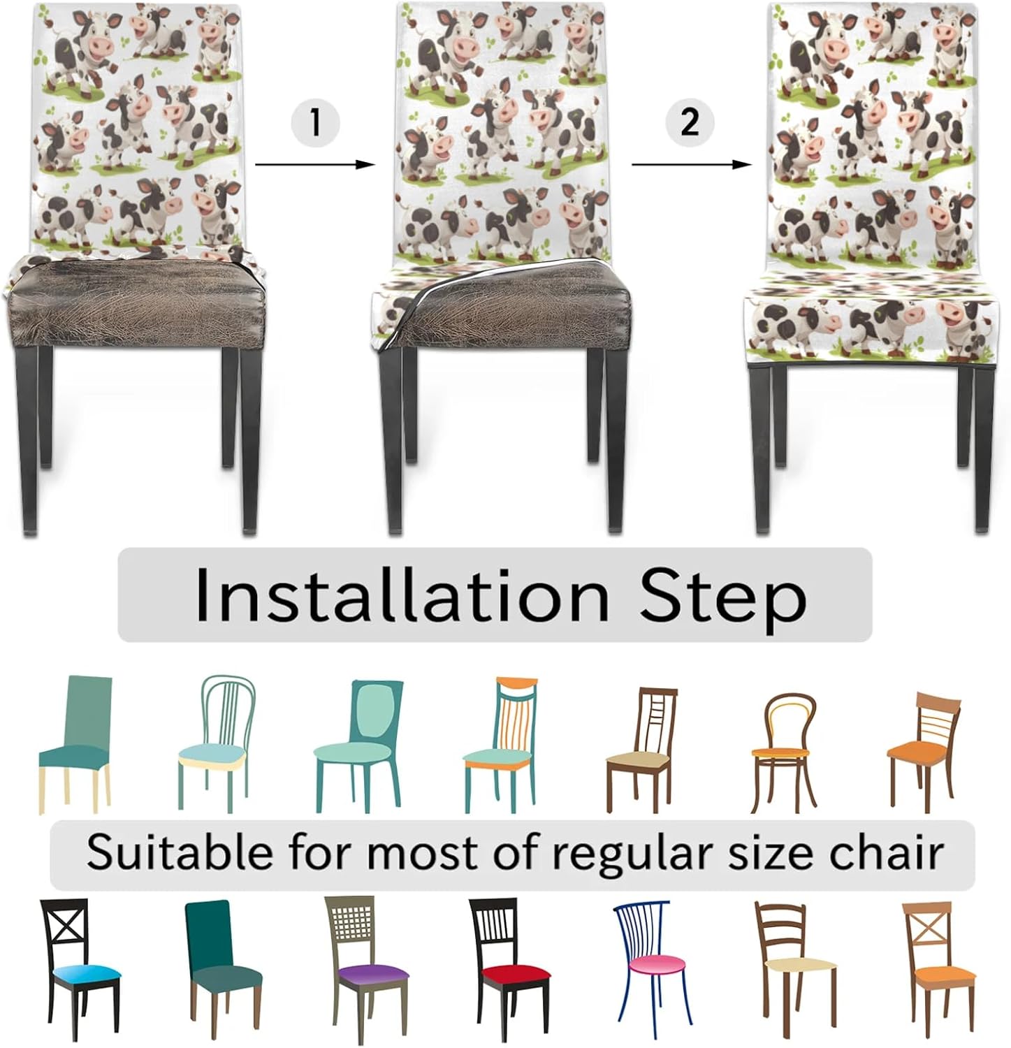 QsirBC Cute Cows Stretch Dining Room Chair Covers Set of 4 Chair Slipcovers Removable Washable Kitchen Seat Covers Chair Protectors for Hotel Party Wedding