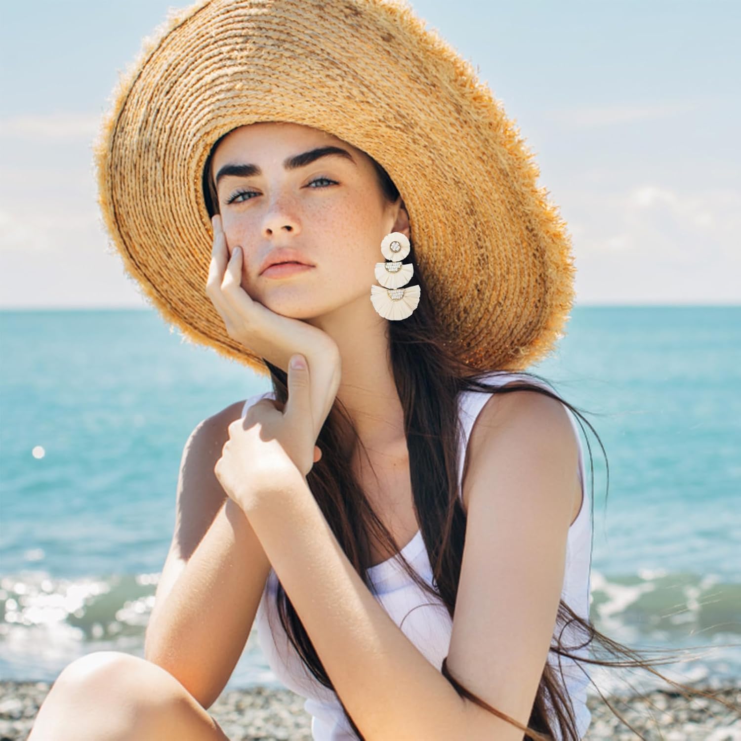 Bohemian Statement Earrings Tiered Raffia Beaded Earrings for Women Female - Image 2