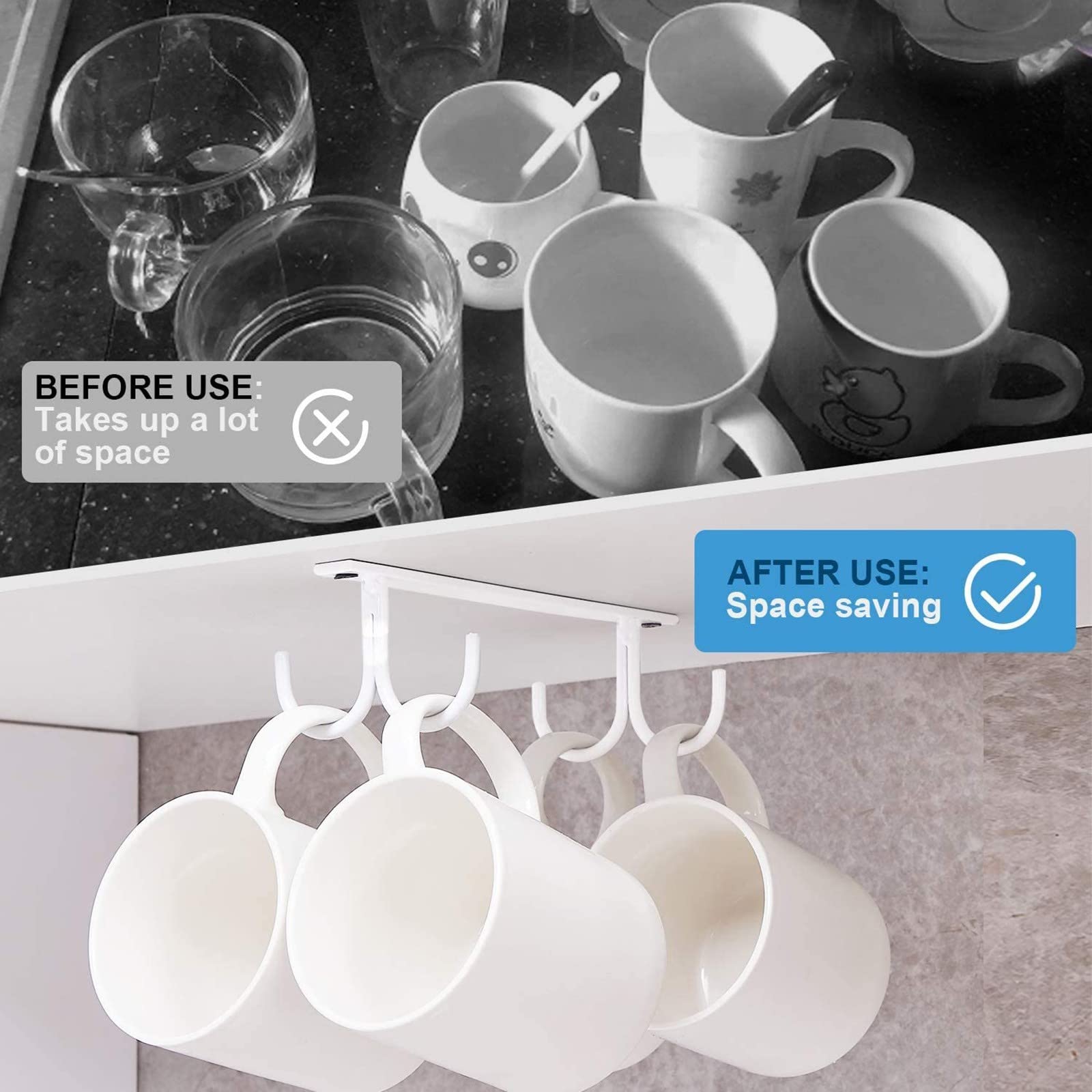 Lot 2 Porte-Tasses Sous Armoires Avec Vis Adhésives - 6 Crochets Blanc Pour Cuisine