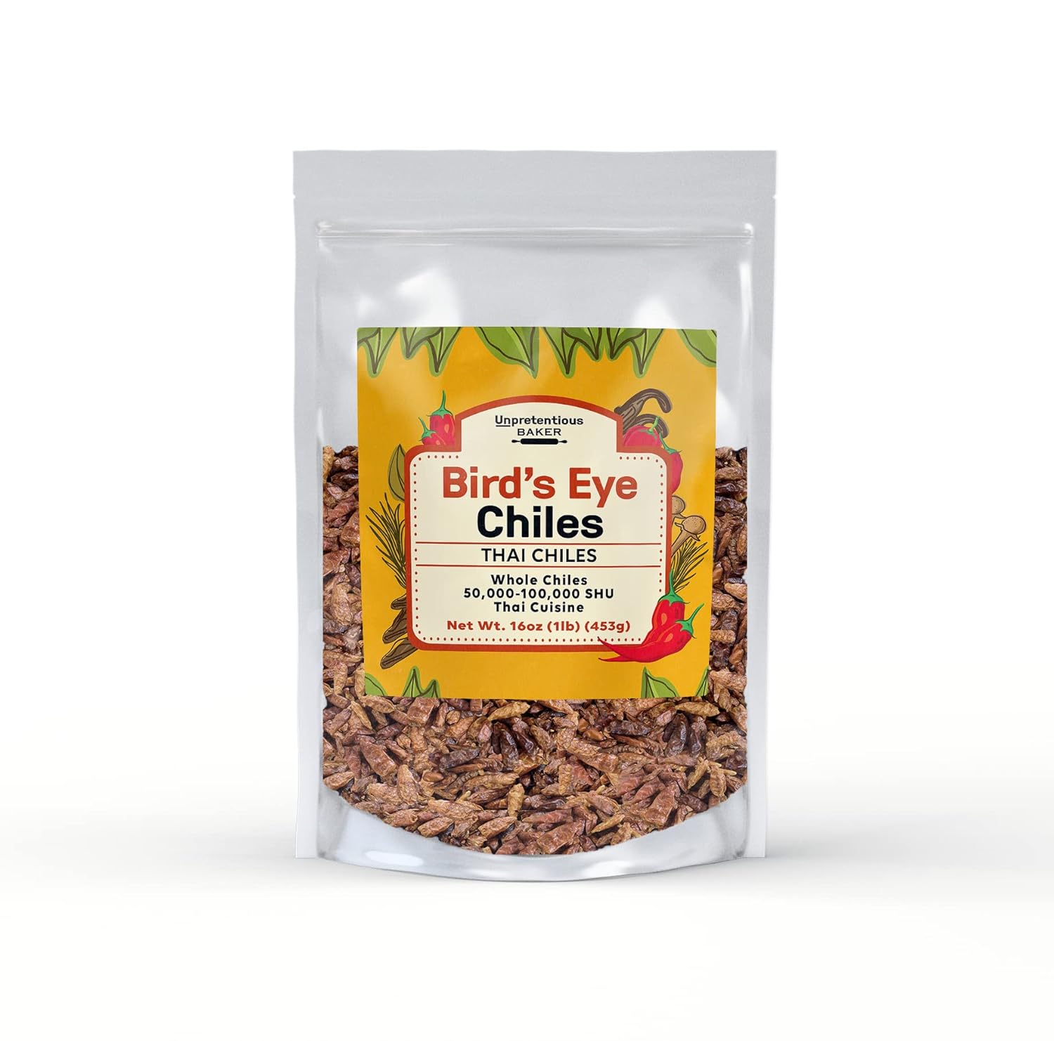 Unpretentious Whole Bird's Eye Chiles, 1lb, Thai Chiles, 50,000-100,000 SHU, Southeast Asian Cuisine