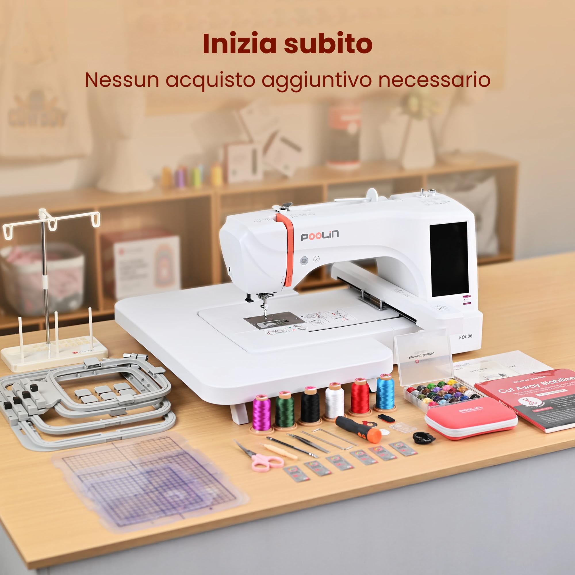 PooLin EOC06 - Macchina da ricamo, touch screen, ricamatrice digitale, lettere e motivi - Embroidery Machine - Personalizza magliette, polo, giacche, camicie, borse, asciugamani e altro ancora