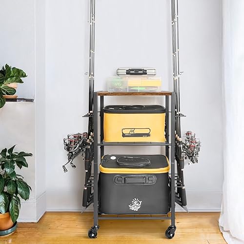 Vista 27 de Olakee Soportes para caña de pescar para garaje, estante para caña de pescar, organizador de equipo de pesca, carrito de aparejos para esquina