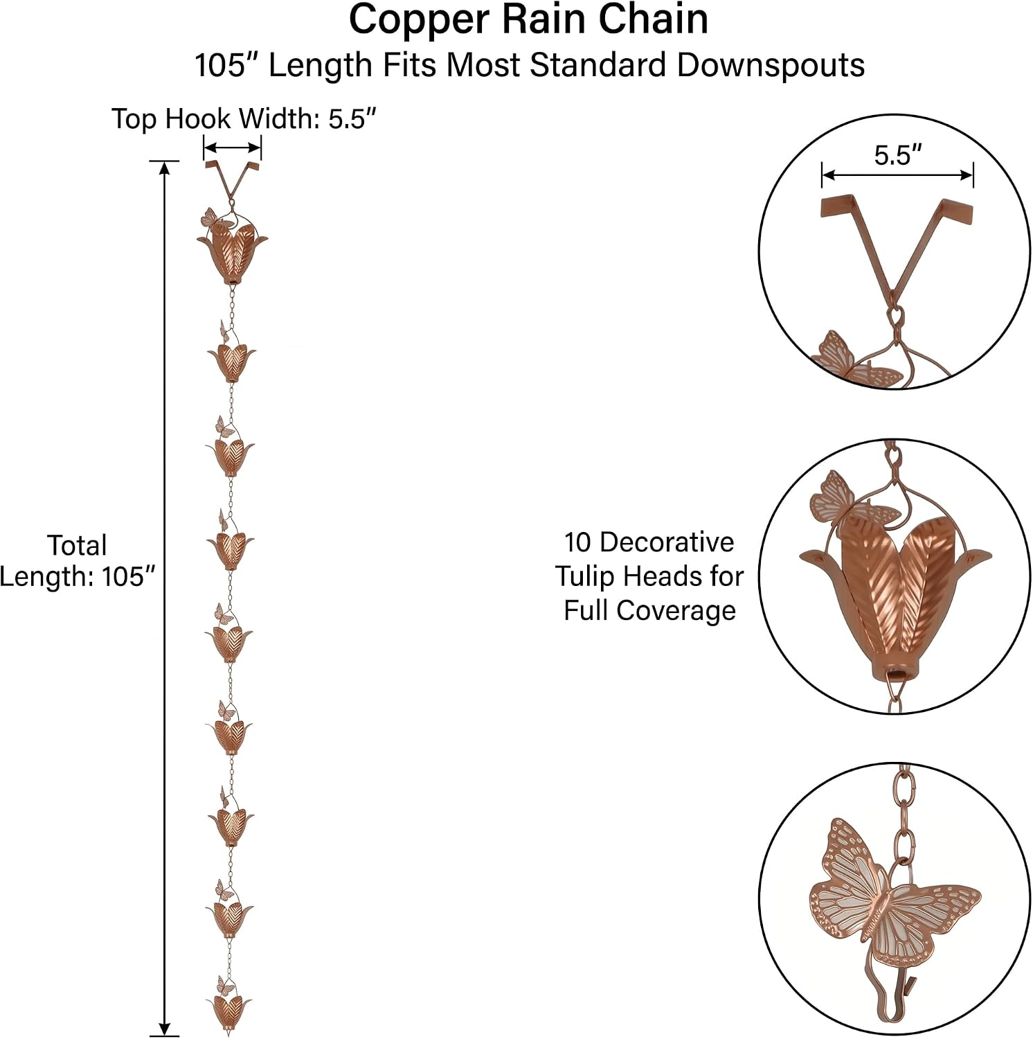 105-Inch Copper Rain Chain with 10 Tulip Cups & Butterfly Accents – Decorative Gutter Downspout Alternative, Weather-Resistant Metal Rain Chain for Patio, Garden & Home Exterior