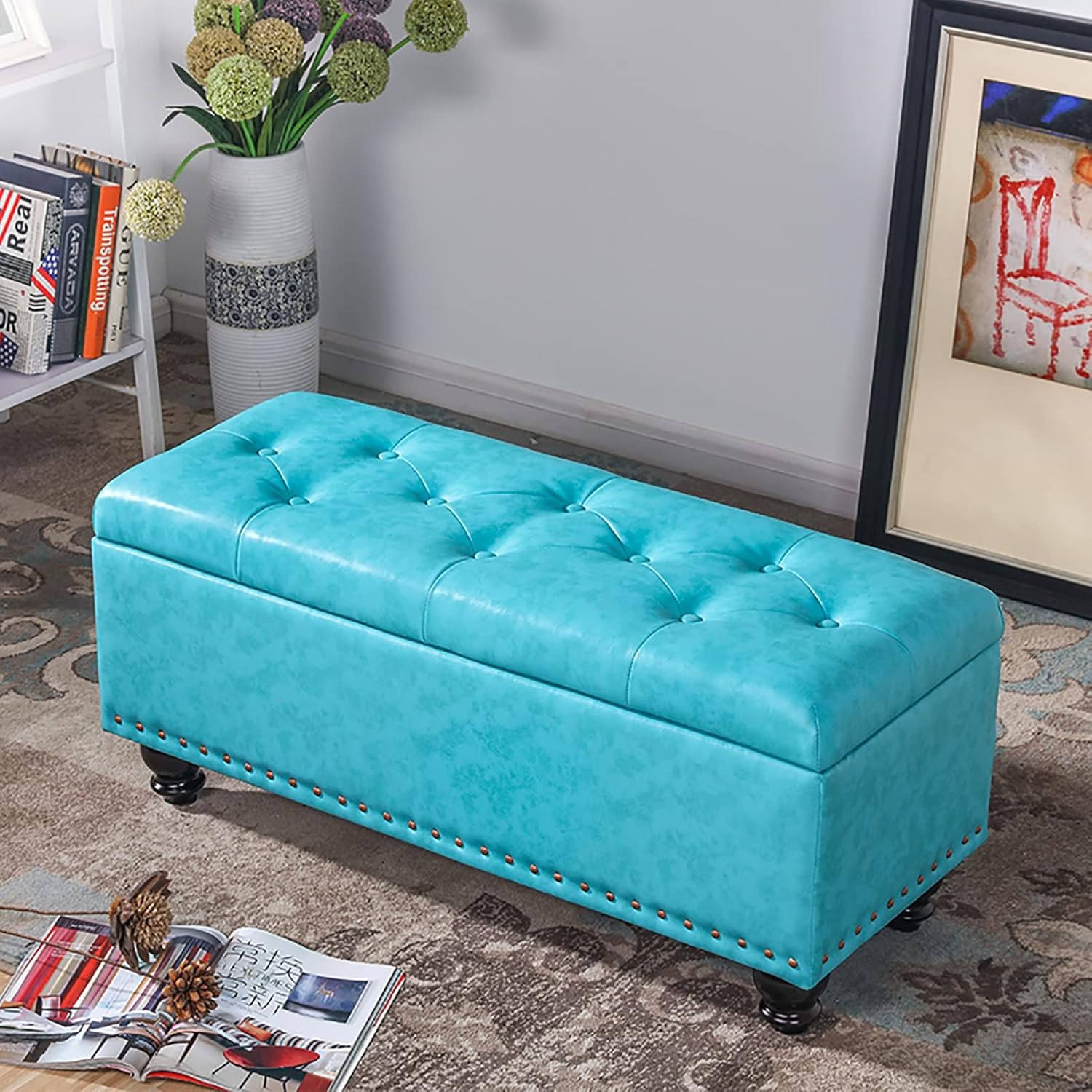 Footstool Faux Leather Bench with Lid Storage Boxes Footrest Stool Storage Bench Decorative Furniture for Living Room Entryway R 100x40x43cm(39x16x17inch)