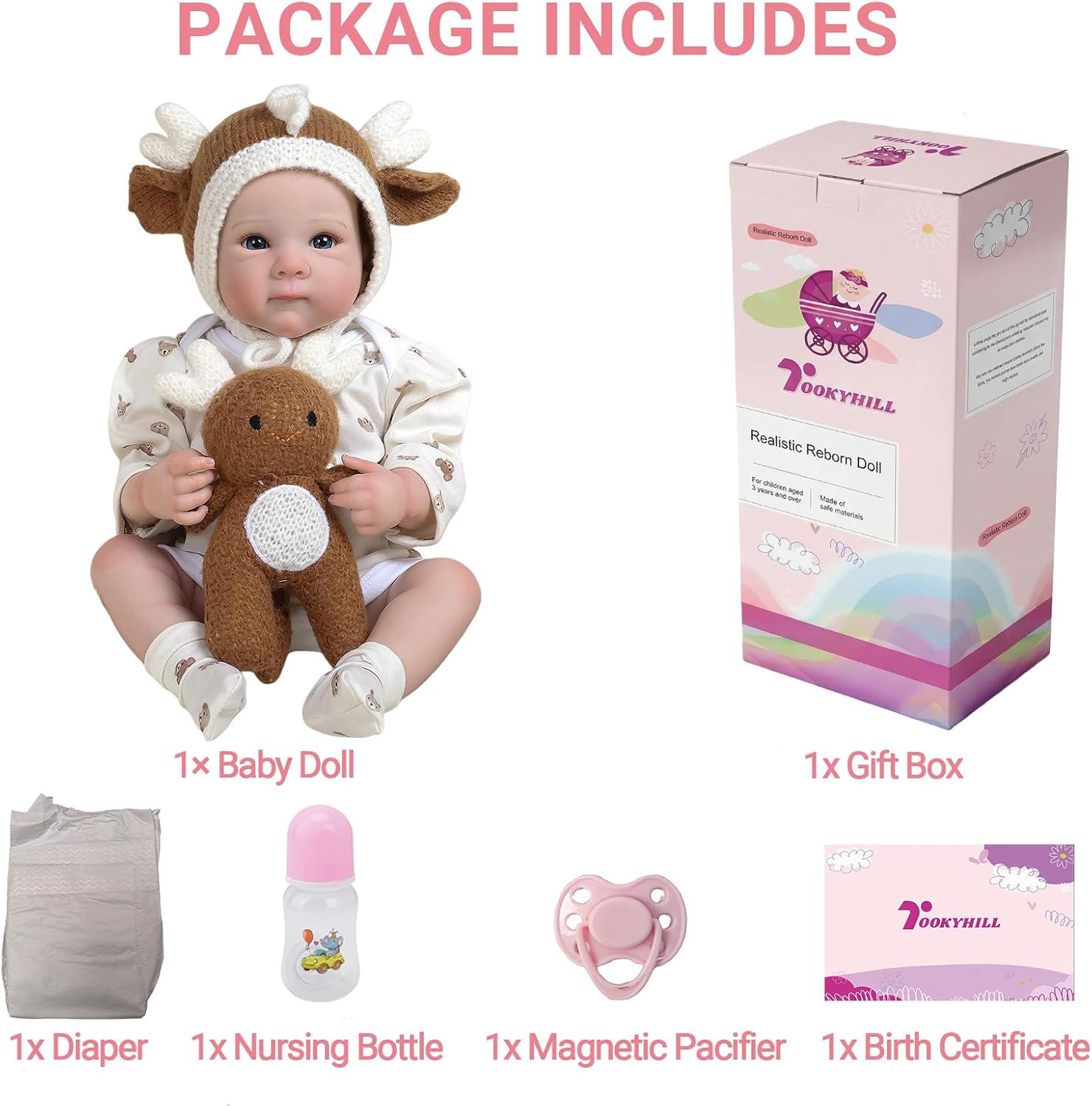 Lifelike Reborn Baby Doll 18 Inch Real Baby Size, Hand-Painted Hair & Blue Eyes with Deer Hat & Toy, Soft Vinyl Skin for Ages 3+ Kids
