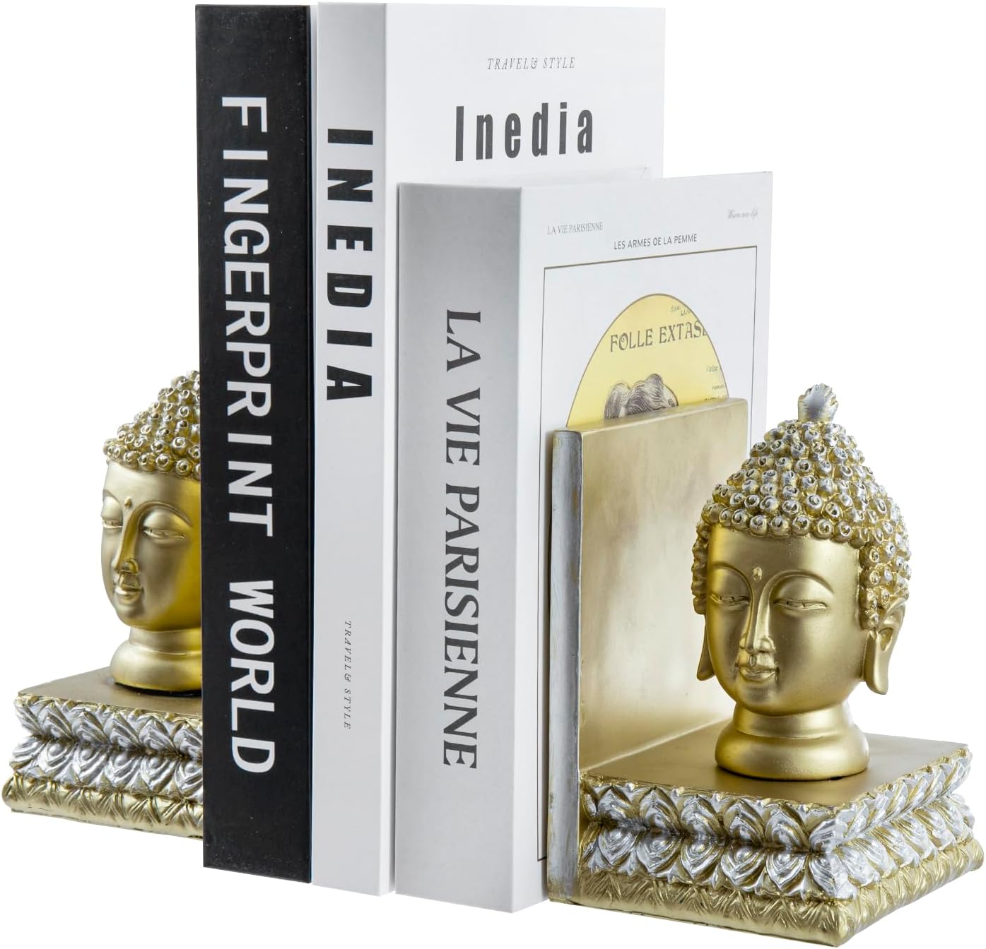 MyGift Decorative Gold Bookends - Buddha Statue Head, Book Ends Heavy Duty for Shelves, Office Decor, Vintage Brass Tone Resin