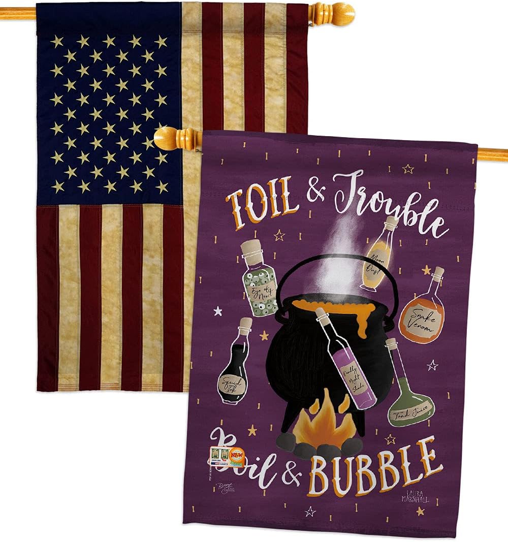 Toil And Trouble House Flag - Pack Fall Halloween Witch Trick or Treat Spooky Night Black Cat Season Autumntime Pumpkin USA Vintage Applique - Banner Small Garden Yard Gift Double-Sided 28 X 40