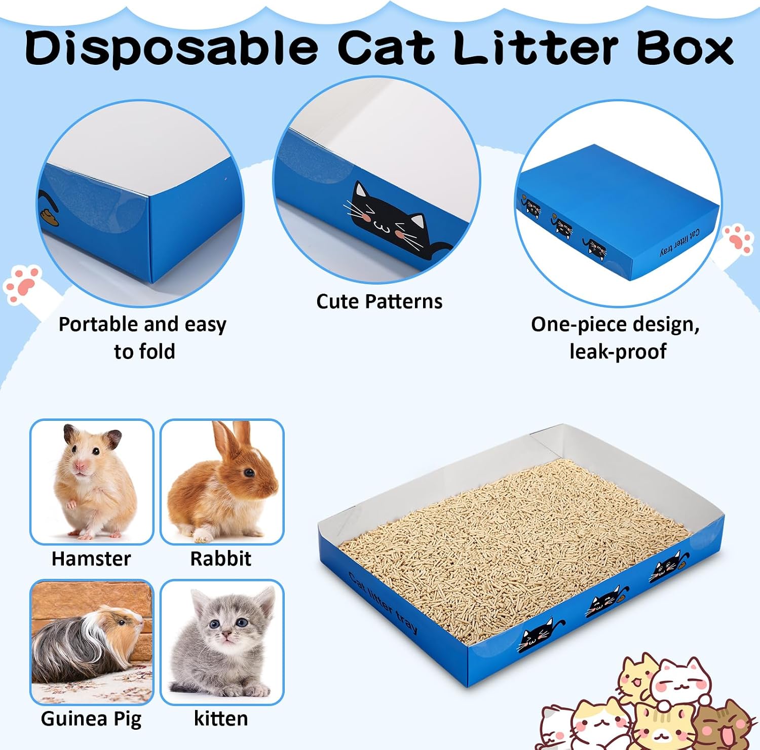 Amyhill 30 Pack Disposable Cat Litter Box 13.8x10x2in Foldable Paper Kitty Trays Bulk Portable Water Proof Cardboard Boxes for Cats Rabbits Guinea Pig Hamster Pets Travel Indoor Supplies(Royal Blue)