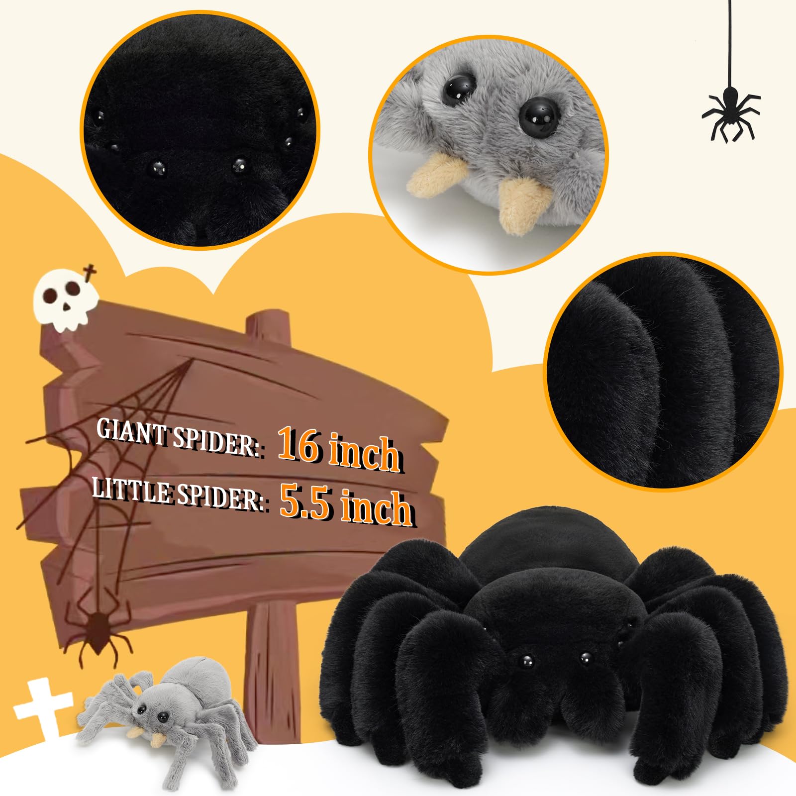 MorisMos 40cm Riesen Schwarz Spinne Kuscheltier, XXL Spinne Plüschtier mit 3 Baby im Bauch, Kawaii Groß Stofftier Weich Spielzeug, Großes Geburtstag Weihnachten Geschenk für Kinder