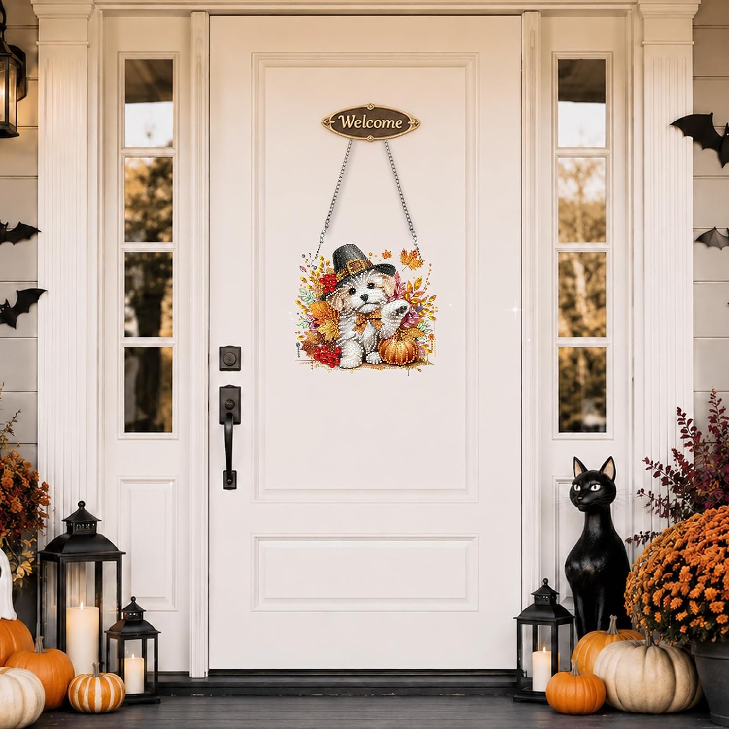 Spandrel Halloween 5D Diamond Art Hanging Kit for Adults, Special Shape Gem Drill DIY Diamond Painting Suncatcher Dog, Puppy Pilgrim Hat Ornament Pendant with Chain for Wall Window Decor image 4