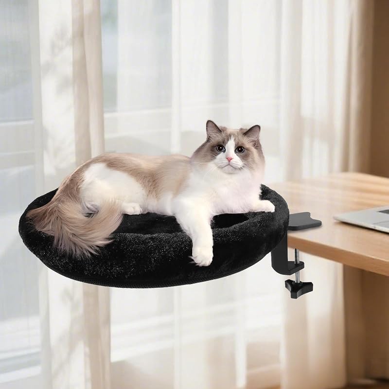 Cama Suspensa para Gatos com Suporte de Mesa, Base Giratória e Pelúcia Lavável NEVESYKCUL até 22,7 kg