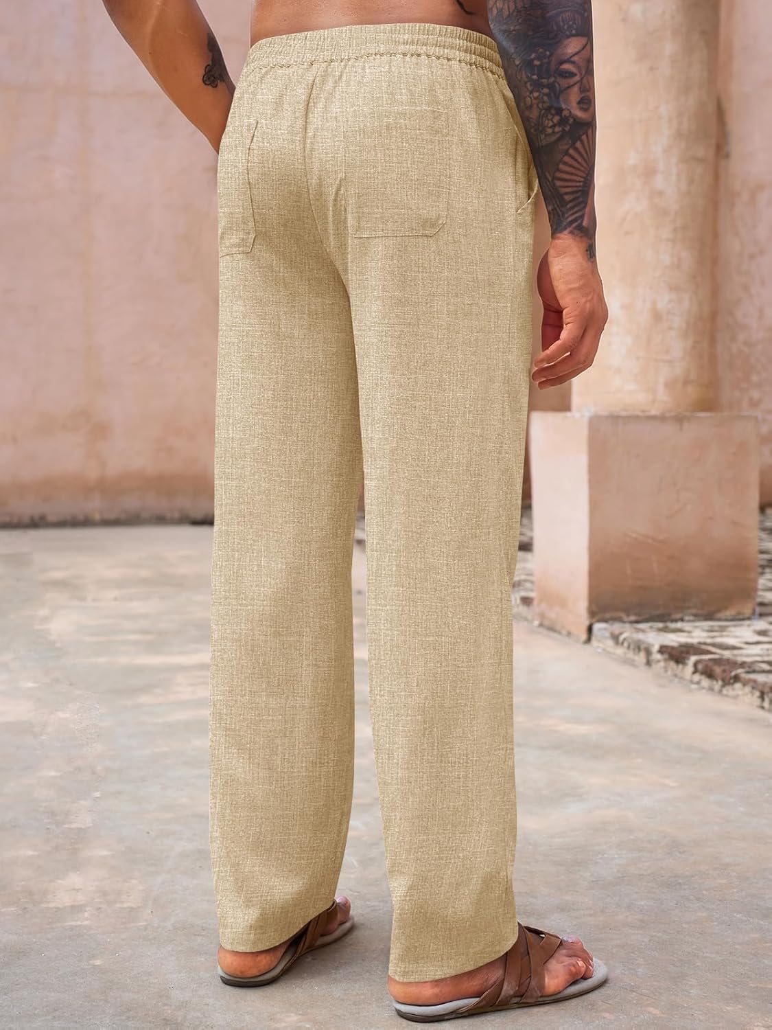 Runcati Mens Casual Pants Drawstring Elastic Waist Lightweight Linen Pants Loose Fit Straight Legs Beach Trousers - Image 3