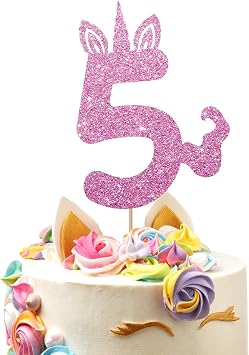 Unicorn 5th Birthday Cake Topper, Unicorn Five Cake Topper, Magic Unicorn Cake Decor, Unicorn Baby Girl 5th Birthday Party Decoration - Pink Glitter