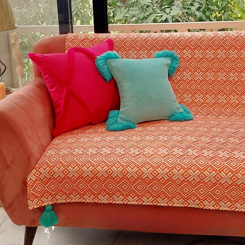 Image of Coral Orange Aztec LShape Sofa Cover for L-Shaped Sectional-Seat & Back Sofa Throw-3-Pc Set with 2 Seat Covers, 1 Back Cover & 2 Armrest Covers (5-Seater: 3-Seater + 2-Seater Lounger)