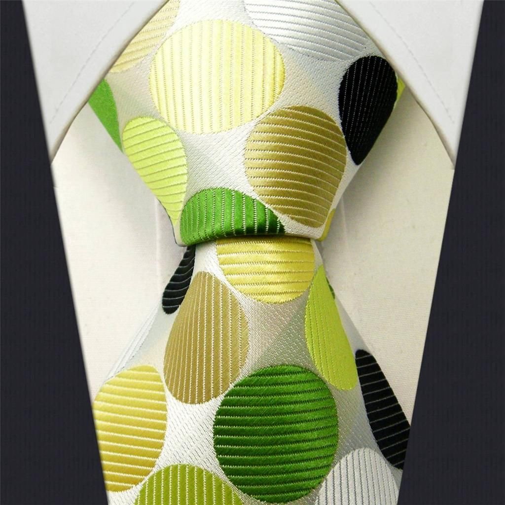 IntrepidIntrepid Executive Wardrobe Accessory, Handmade 100% Silk Jacquard Woven White, Yellow, Green, and Black Colors Polka Dot 3.4" Classic Silk Jacquard Men's Necktie Tie