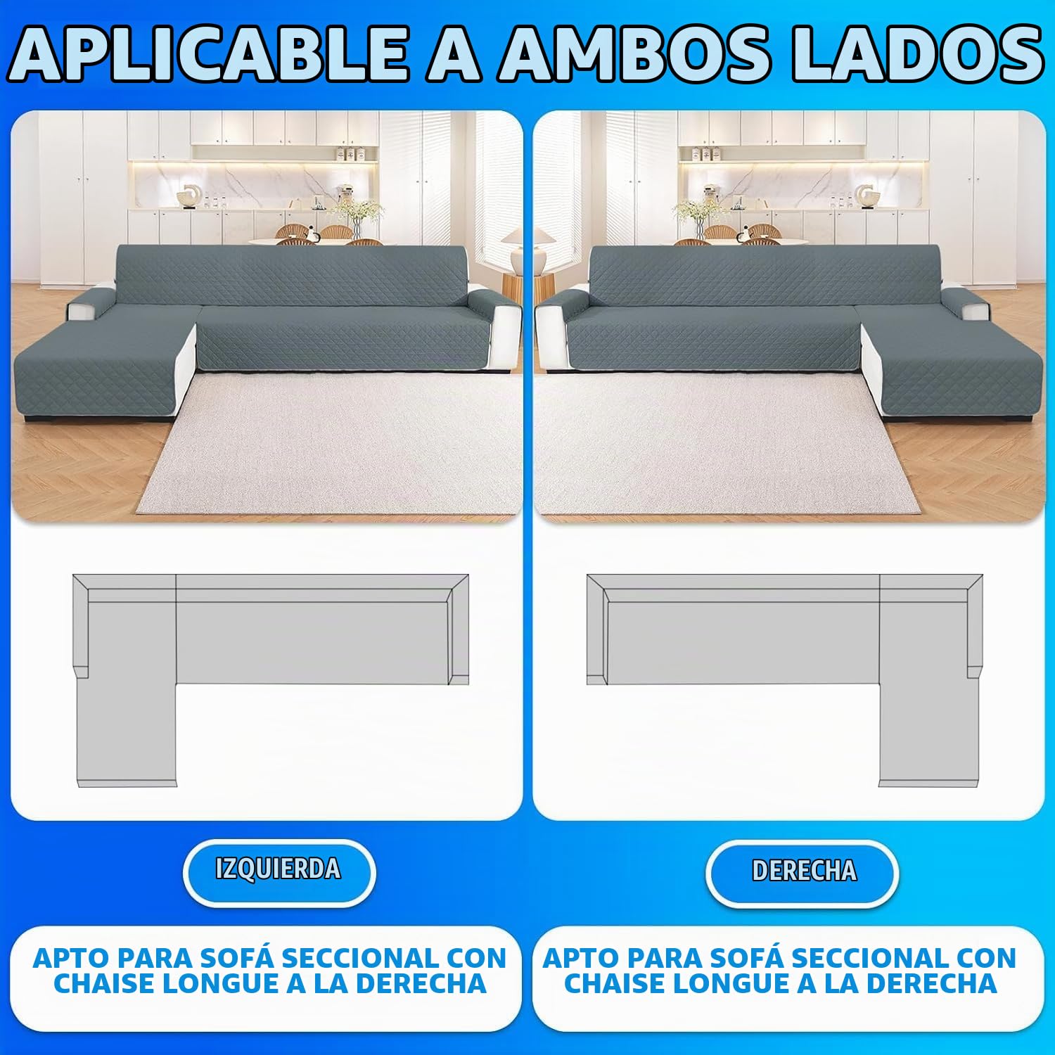 Impermeable Funda Sofa Chaise Long 3 Plazas, Funda Chaise Longue Derecho/Izquierdo Reversible, Universal, Ajustables, Antideslizante, Lavable, para Gatos Perros, Gris Oscuro