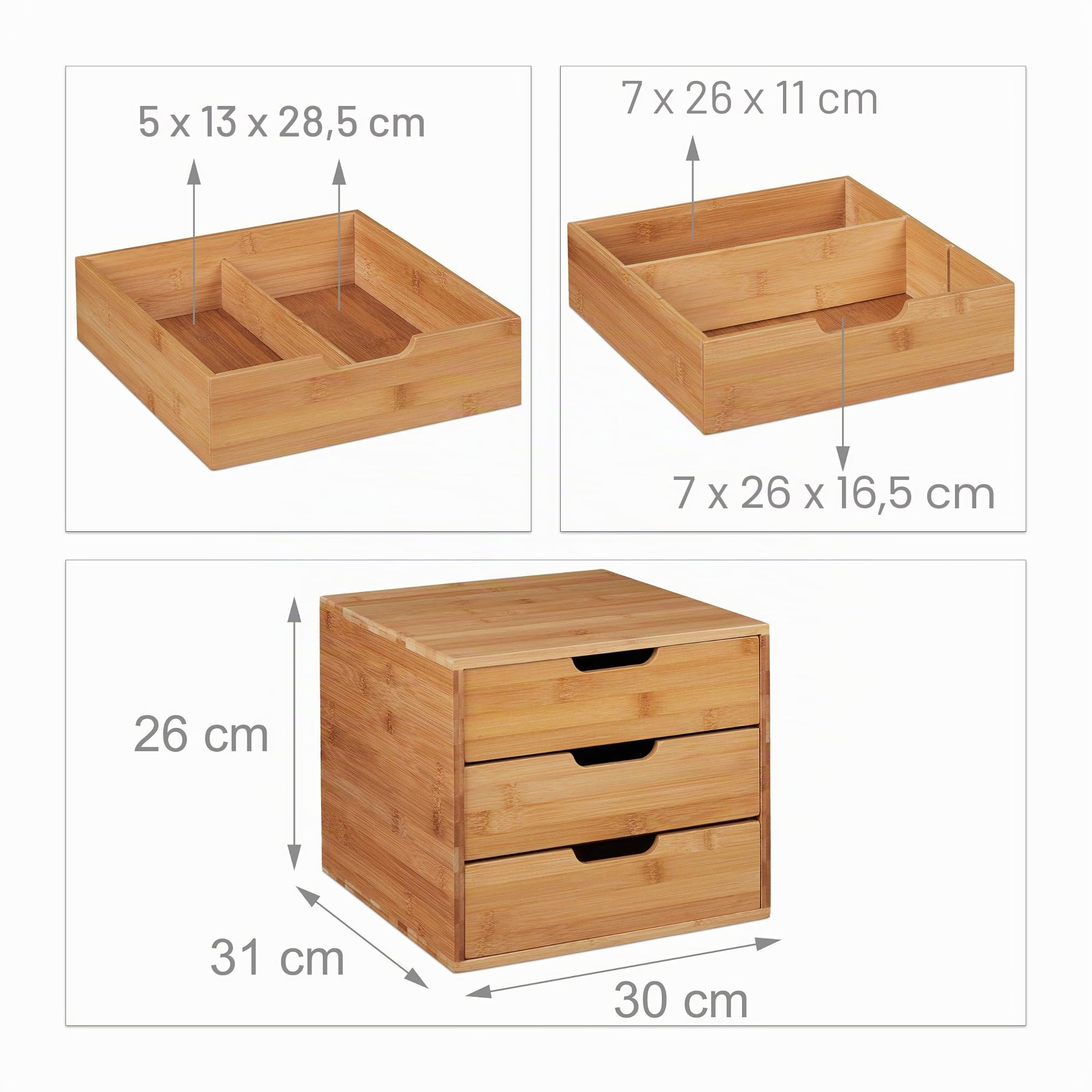 Relaxdays Organizador Escritorio 3 Cajones, Almacenamiento Material Oficina, Cajonera Bambú, 26x30x31 cm, Color Natural