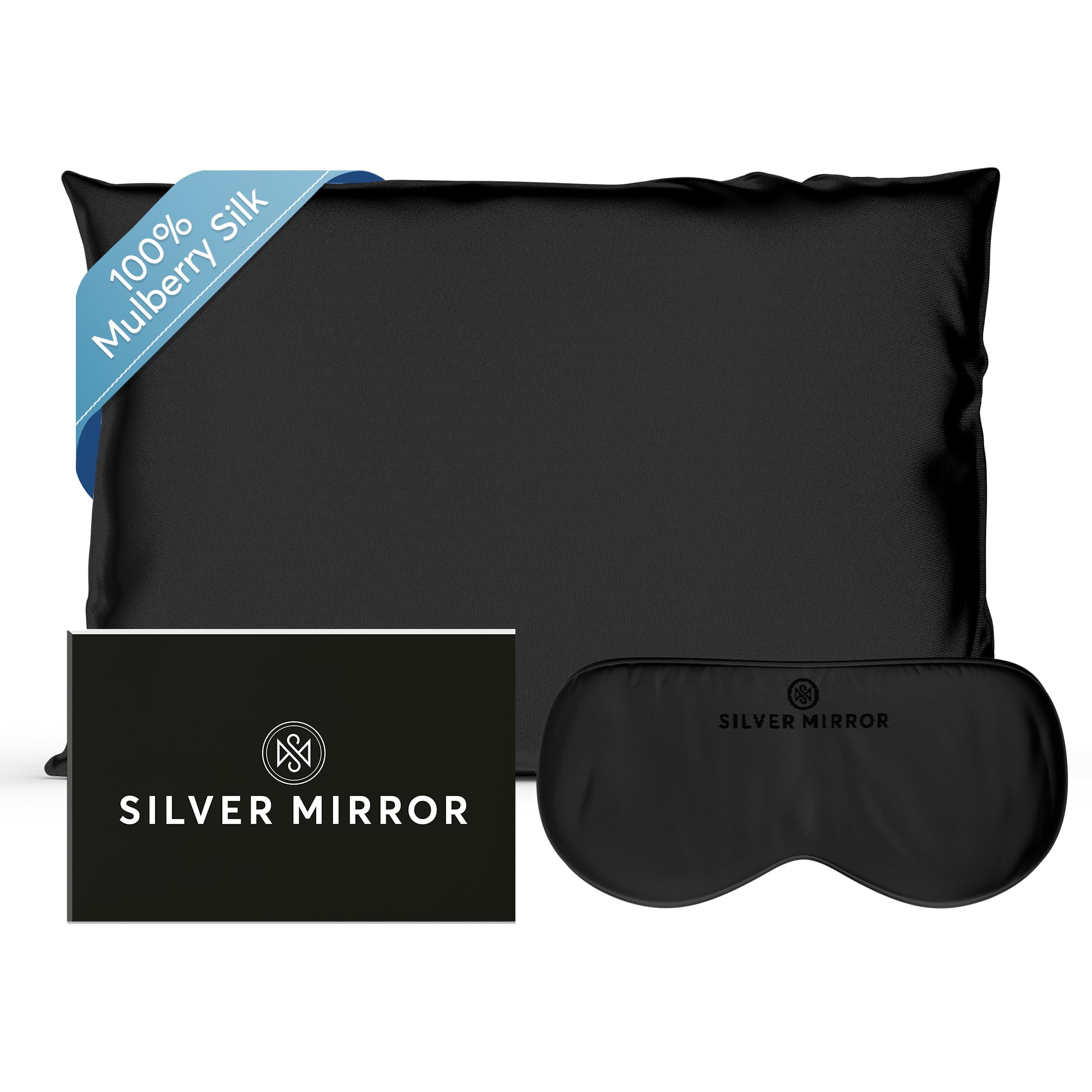 Silver Mirror Silk Sleep Essentials Set in Black Pillowcase and Eye Mask 25 x 19 5 Fits Standard
