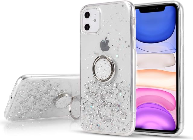 DEFBSC for 6.1 inch iPhone 11 Case with Ring, Glitter Sequin Clear Back Cover with 360° Rotation Ring Holder Kickstand,Soft TPU Bumper Phone Case Slim Transparent Sequin Back Case - White