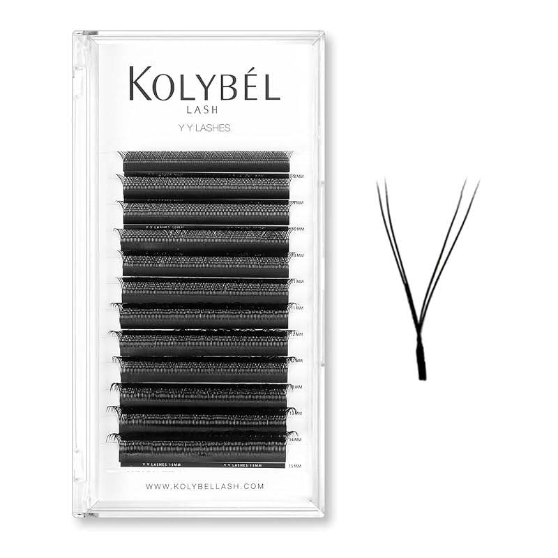 Extensões de cílios KOLYBEL YY em formato Y, curvatura D, 0,05 mm, 10 mm, preto fosco, bandeja única