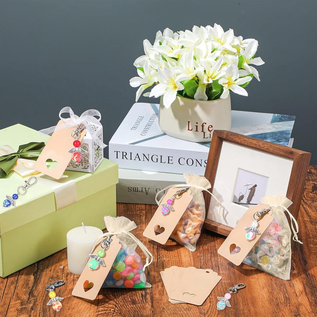 Kit 72 Pièces Porte-Clés Ange Gardien - Baptême Mariage Communion - Sacs Organza Et Étiquettes Inclus
