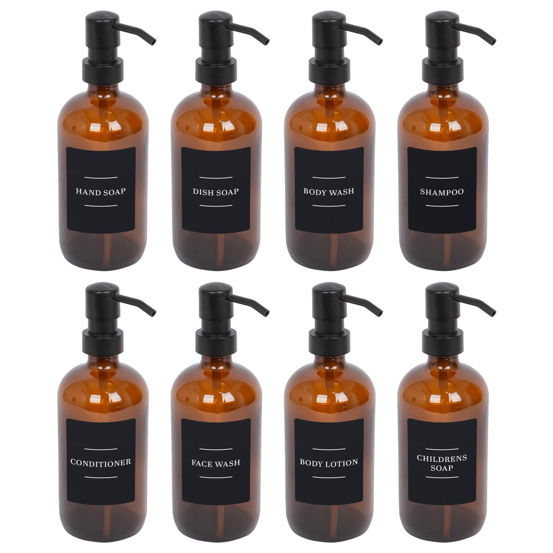 Harbour Housewares Glass Soap Dispensers with Labels Pack of 8-500ml Amber Refillable Bottles with Pumps and Black Labels - Bathroom and Kitchen Accessories for Hand Wash, Lotion or Sanitiser