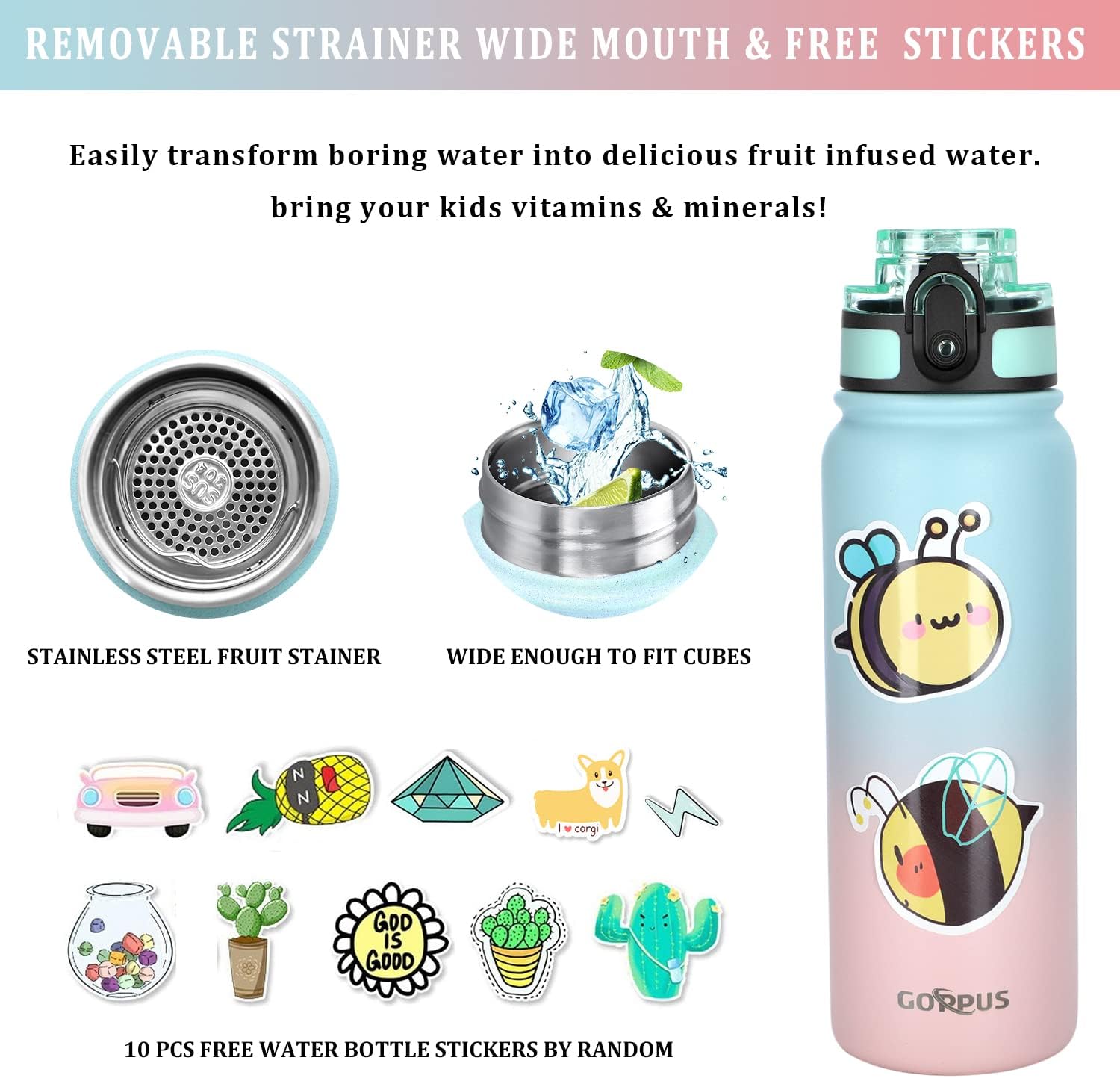 GOPPUS 600ml/20oz Stainless Water Bottle with Straw Double Wall Insulated Bottles with Strap One Hand Open Vacuum Thermal Flask Leakproof Keep Cold Bottles with Flip Top Lid BPA Free (Blue Pink) - Image 4