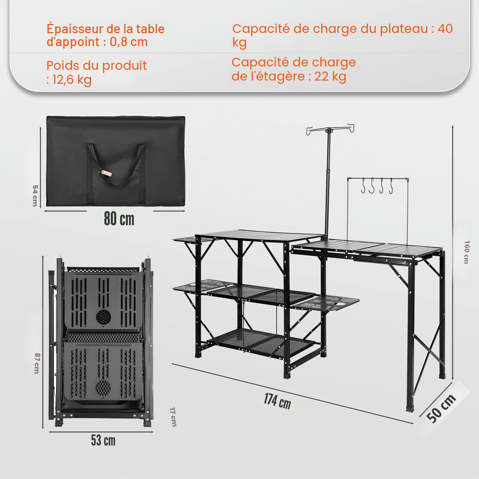 VEVOR Cuisine de Camping 174 x 50 x 160 cm Table de Camping Pliable Structure en Alu 5 Comptoirs Meuble de Cuisine avec Sac de Transport Évier Amovible Installation Facile pour BBQ Pique-Nique Jardin